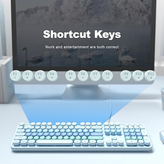 MOFII Keyboard Wired Large Print, Computer Keyboard Plug Play, Colorful Retro Round Typewriter Keyboard with Numeric Keypad and Media Hotkey for Windows PC Laptop (Pale Blue)