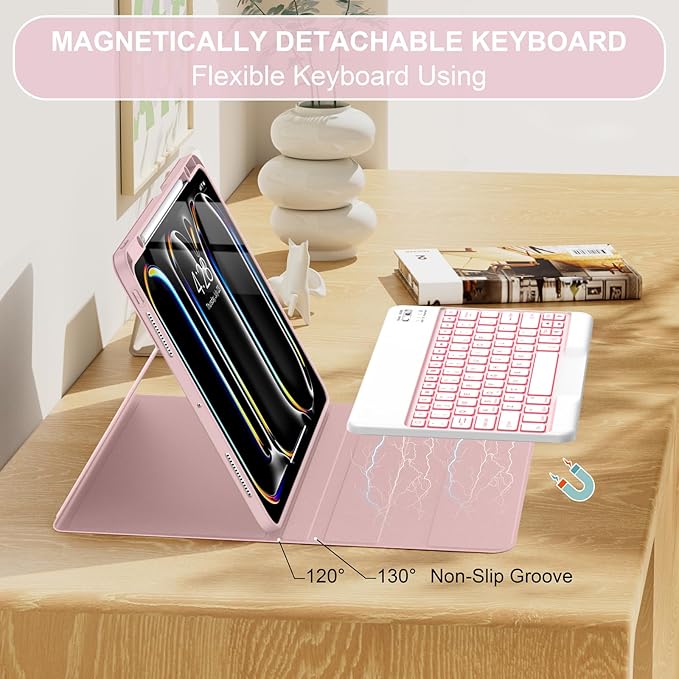 Soke Keyboard Case for iPad Pro 13 Inch (M5 2025/M4 2024), 7-Color Backlit Detachable Bluetooth Keyboard, Folio Stand TPU Back Cover with Pencil Holder for iPad Pro 13", Pink Marble
