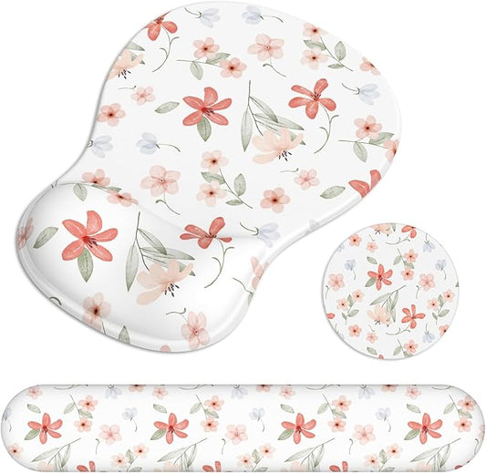 Ergonomic Mouse Pad with Wrist Rest and Keyboard Wrist Rest, Gel Mousepad and Wrist Rest for Computer Keyboard, Pain Relief, Non-Slip PU Base, Mouse Pad with Wrist Support for Gaming, Orange Flowers