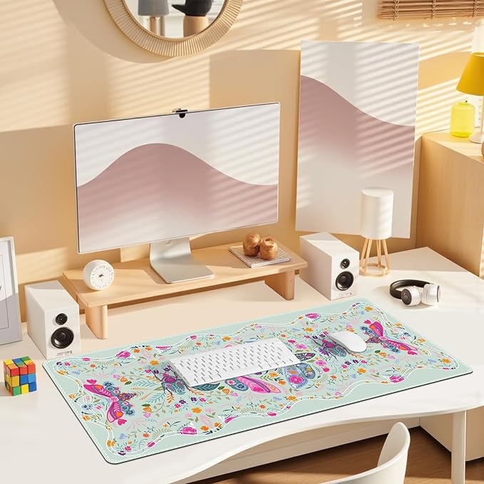 Desk Mat for Keyboard and Mouse, Large Non-Slip Mouse Pad Keyboard Pad, Computer Mats for Desktop, Cute Desk Pad with Stitched Edges for Office, Gaming I Pastel Green Floral Symmetry