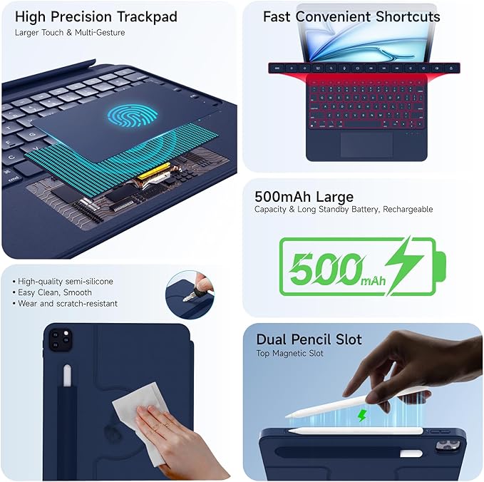Rotatable Detachable Magnetic Keyboard Case for iPad A16 11th/10th Gen, with Larger-Touch Trackpad, Shockproof Bumper, Support Portrait, Magnetic Pencil Holder, Backlight,Full Protect, Blue