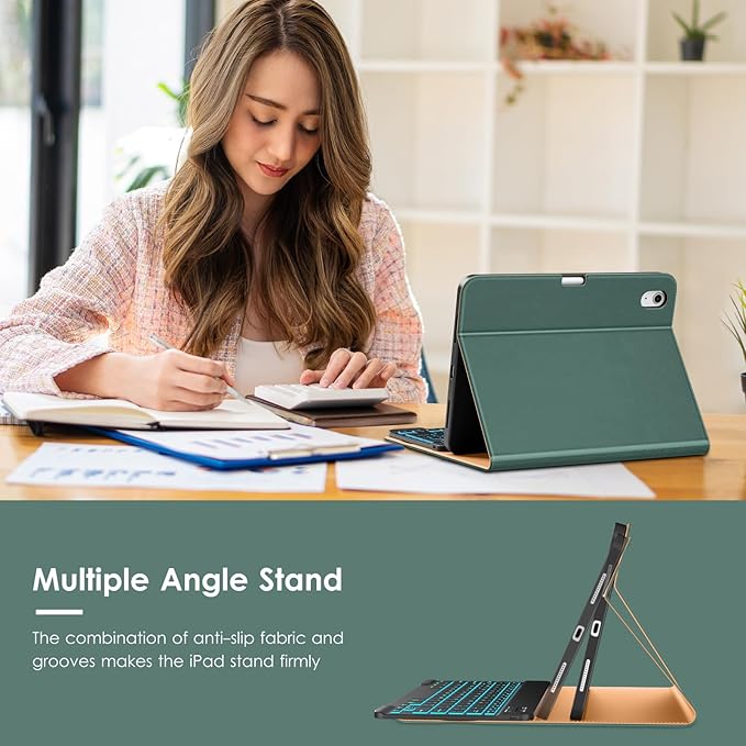 VIKESI Keyboard Case for iPad (A16,2025) 11th Generation/iPad 10th Generation Case (10.9" 2022),Premium Leather Smart Cover,Built-in Breathing Light,Function Row,Pencil Holder,Card Slots - Green