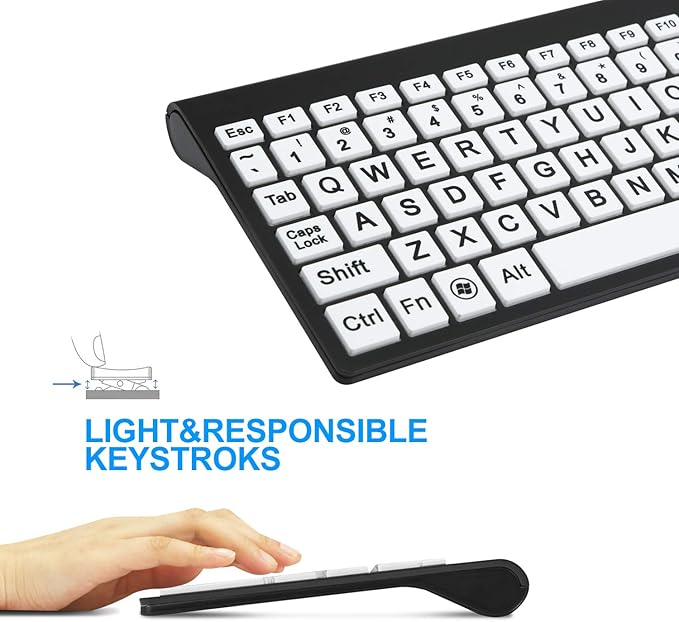 Full Size Large Print 2.4g Wireless Keyboard and Mouse with Oversized Print for Visually Impaired Low Vision Individuals (Black)