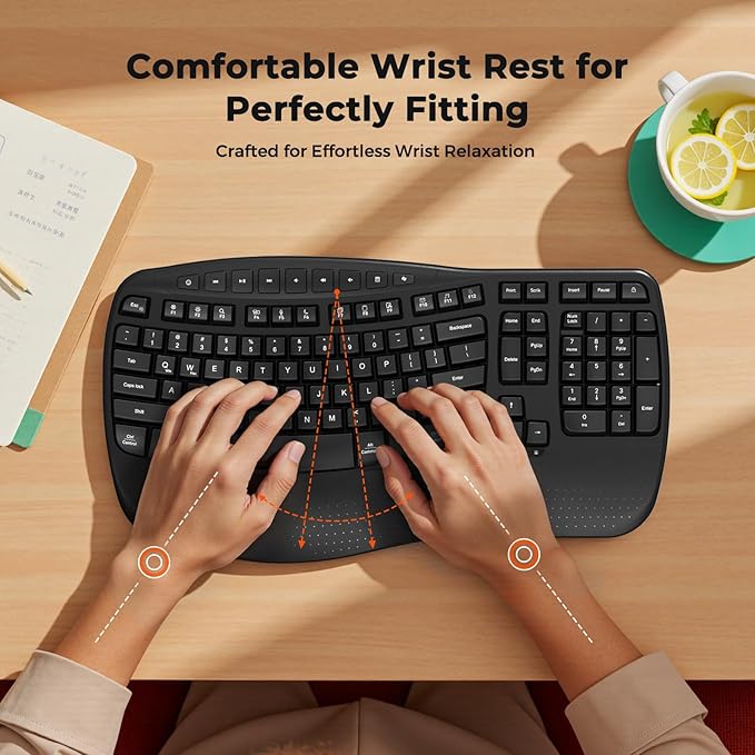 MEETION Wireless Ergonomic Keyboard, Wave Keys Wrist Rest for Natural Typing, 2.4G USB-A Cordless Receiver and USB-C Adapter, Ergo Computer Keyboard Compatible with Windows/Mac/PC/Laptop, Black