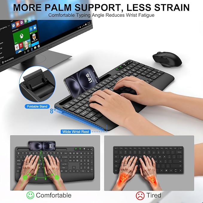 Wireless Keyboard and Mouse Combo, 2.4G Full Size Silent Ergonomic Keyboard with Wrist Rest, Phone Holder, 3 DPI Adjustable Ergonomic Quiet Mouse for Windows, Mac OS Desktop/Laptop/PC(Black)