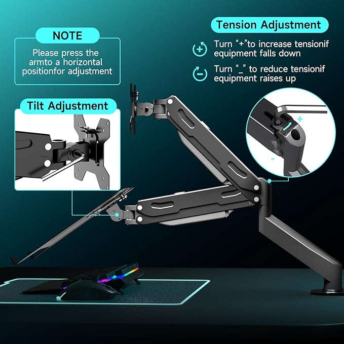 Pholiten Monitor and Laptop Mount for Max 32” Screen and 17” Notebook, Dual Monitor Mount Holds up to 22lbs,Laptop Tray Stand with Gas Spring Arm