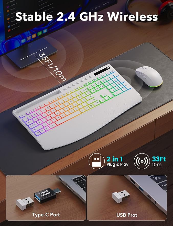 Trueque Wireless Keyboard and Mouse Combo, 4000mAh Rechargeable Backlit Keyboard with Wrist Rest & Phone Holder, Full Size Quiet Typing 2.4G USB-A/Type-C for PC Laptop Windows Mac (White)