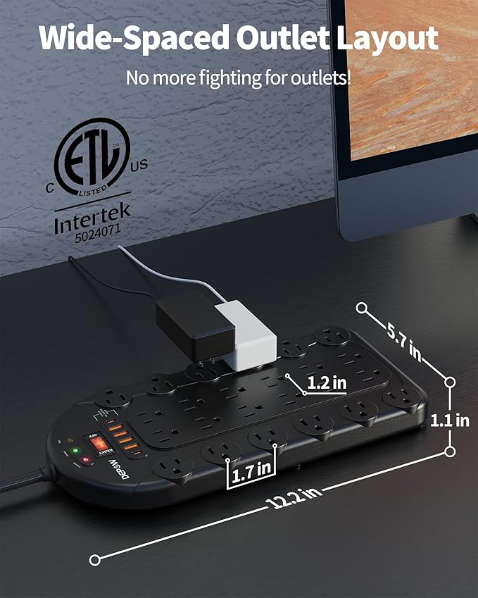 10Ft Power Strip Surge Protector with 24 AC Outlets (1875W/15A) 6 USBs (2 USB-C Ports), 3,400 Joules, Heavy Duty Flat Plug Extension Cord, Wall Mountable for Home, Office, Black, ETL Listed