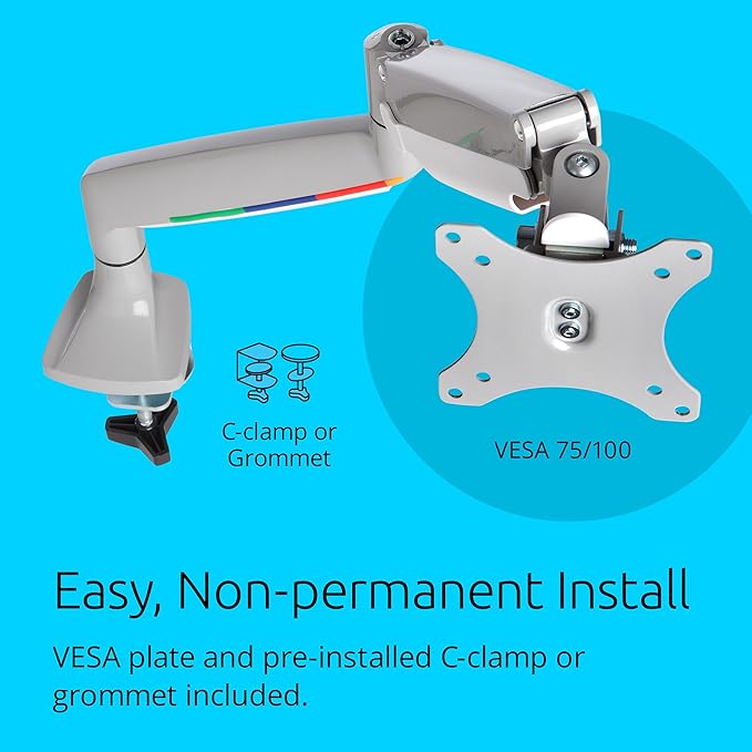 Kensington SmartFit One-Touch Monitor Arm – Height Adjustable Gas Spring for Single Monitor, 13″–32″, 360° Rotation, ±90° Tilt, Cable Management – White (K55470WW)