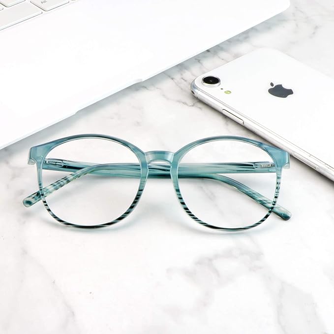 LifeArt Round Blue Light Blocking Glasses, Computer Glasses, Gaming Glasses, TV Glasses for Women Men (Striped Blue, 4.50 Magnification)