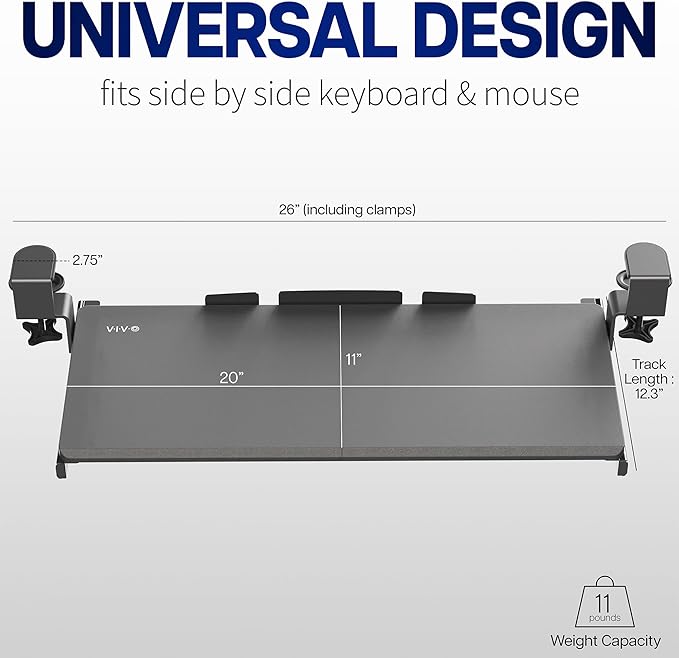VIVO Small Keyboard Tray, Under Desk Pull Out with Extra Sturdy C Clamp Mount System, 20 (26 with Clamps) x 11 inch Slide-Out Platform Drawer, Rustic Vintage Brown Top, Black Frame, MOUNT-KB05ES-N