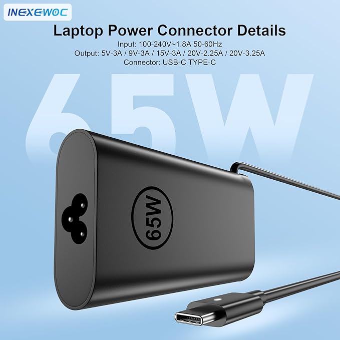 65W Watt USB Type C Laptop Charger Compatible with Dell Latitude 5420 5440 5520 5430 5450 5540 5550 7420 7440 7430 9250 XPS 12 13 9250 9350 9380 9370 9360 Chromebook 3100 Power Cord Adapter