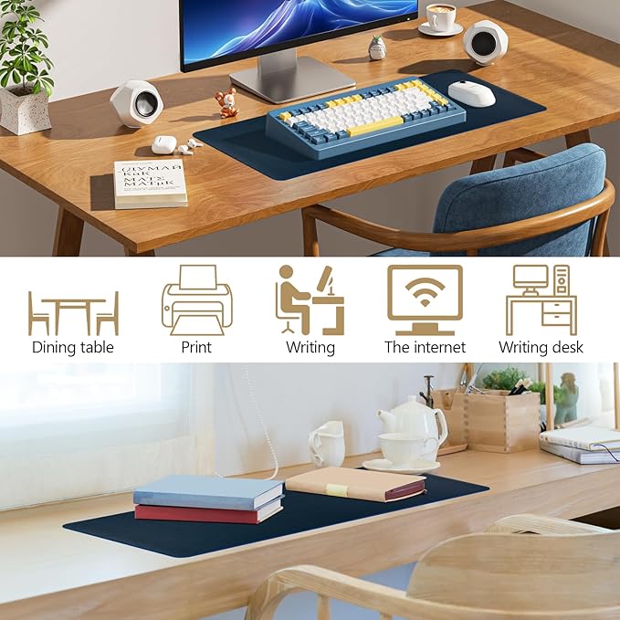 Dark Blue Leather Desk Mat Large Mouse Pad, Waterproof Desk Pad for Keyboard and Mouse, Non-Slip Computer Desk Protector, Smooth Mouse Movement Desk Mat for Home and Office(23.6"×13.8")