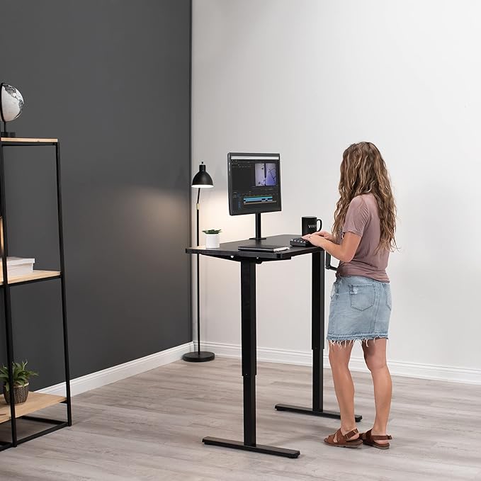 VIVO Manual Height Adjustable 43 x 24 inch Stand Up Desk, White Solid One-Piece Table Top, Black Frame, Standing Workstation with Foldable Handle, DESK-KIT-MB4W