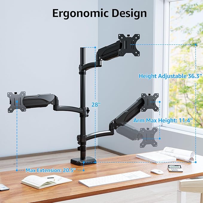 MOUNTUP Triple Monitor Mount Fits Max 32 Inch Screen, Holds 4.4-17.6lbs, 3 Monitors Desk Mount, Triple Monitor Stand for Desk, Adjutable Arm with Clamp/Grommet Base, VESA 75x75/100x100 MU6013A