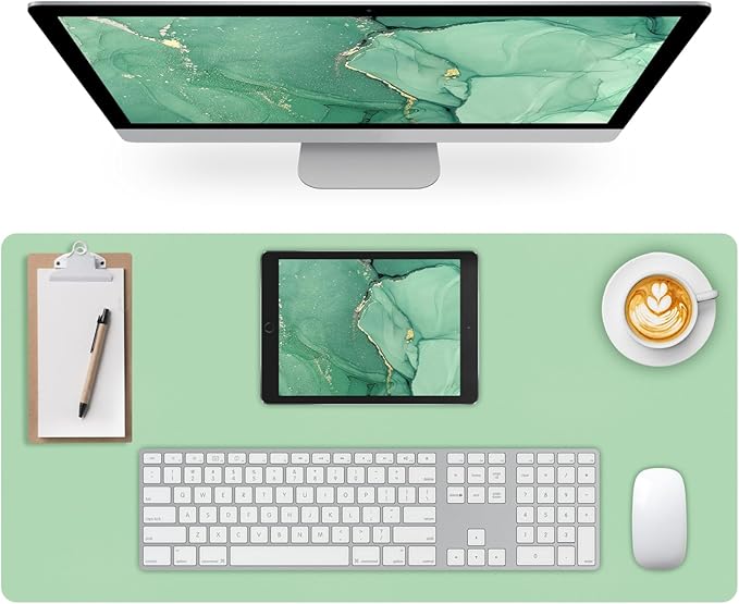 Desk Pad Mat, Leather Green Desk Mat for Desktop, Computer Desk Mouse Pad Non-Slip, Waterproof Keyboard Mat Green Desk Accessories for Office/Home, 23.6" x 13.7"