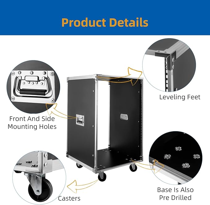 Portable Rolling Network Rack, 19 Inch 16U 4 Post Server Rack Open Frame Rolling Network Data Rack w/Casters, Metal Studio Rack Cabinet for Audio Video, Telecom, Equipment