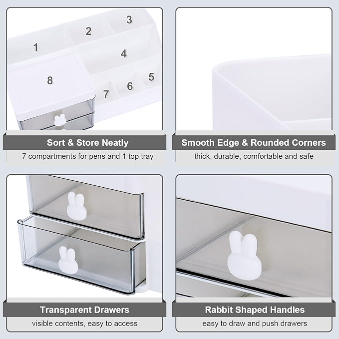 Desk Organizer, Makeup Organizer with 2 Drawer, 7 Compartment & a Top Tray, Desktop Organizers and Storage for Women, Cute Home organization Bathroom, 11" x 5.7" x 4.7" (White)