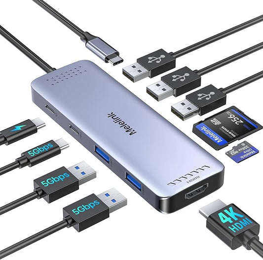USB C Hub Multiport Adapter for MacBook Pro/Air, 10 in 1 USB C Dongle Mac HDMI Adapter, USBC Dock Compatible for iPad Pro, iMac, Dell, HP, Lenovo (4K@60Hz HDMI,SD/TF Card Reader,100W PD, 6 USB Ports)