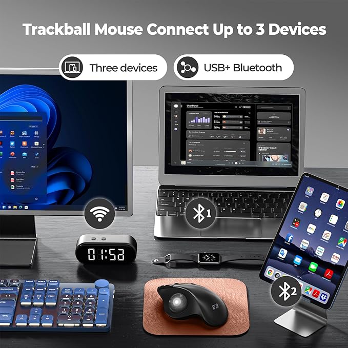 seenda Wireless Trackball Mouse, Bluetooth - Ergonomic Rollerball Mouse Rechargeable, 3 Device Connection Optical Mice Adjustable DPI Thumb Control Mice Compatible for Mac/Android/Windows-Black