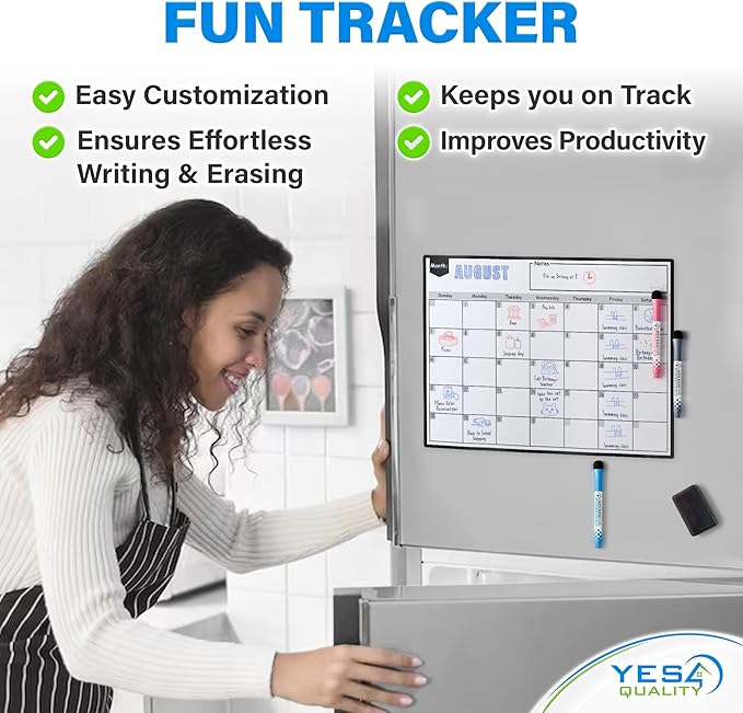 Magnetic Dry Erase Whiteboard Calendar for Fridge (16 x 12”), Refrigerator White Board Sheet w/ 3 Colorful Markers & Eraser, Monthly Meal Planner & Organizer for Family by Yes4Quality