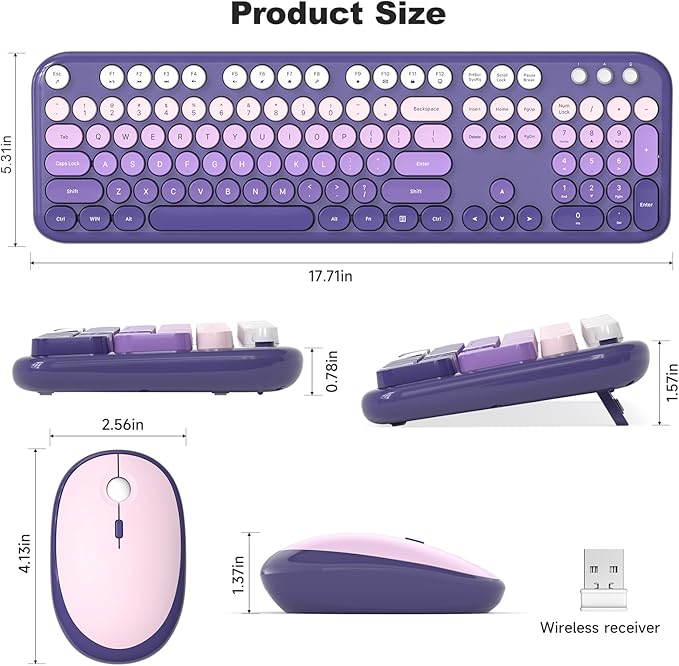KNOWSQT Wireless Keyboard Mouse Combo - Lovely Purple-Gradient Rainbow Full-Sized Typewriter Colorful Keyboards, Round Keycap Plug Play Retro Cute Keyboards for Windows, Laptop, PC, Desktop, Computer