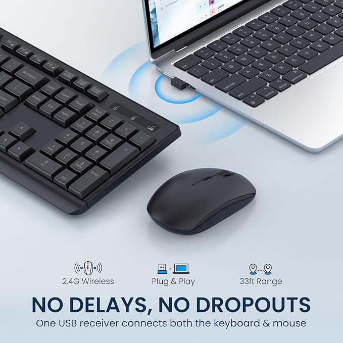 Wireless Keyboard and Mouse Combo, COLIKES 2.4G USB Cordless Mouse and Keyboard, 3 Level DPI Slim Ergonomic, Responsive Plug & Play for Computer Laptop PC - Full Size
