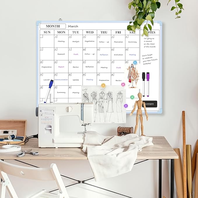 Monthly Whiteboard Calendar for Wall, 24" x 18" Dry Erase Board with Plastic Frame, Hanging Dry Erase Calendar with 3 Mini Sticky Notes for Kitchen Planner, Memo, Home and Office, Blue
