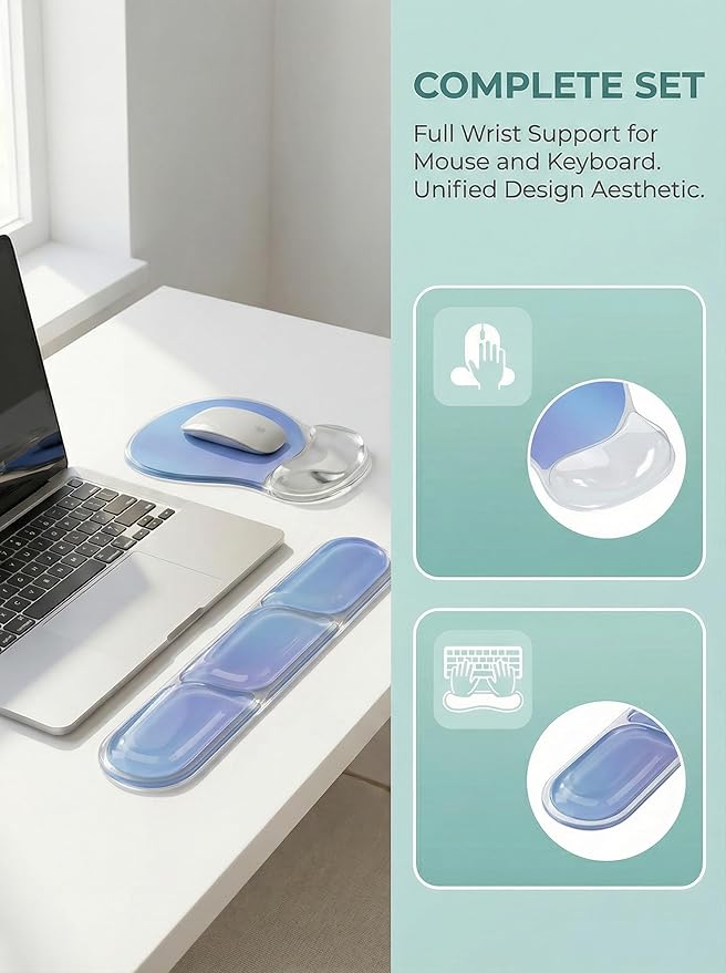 icolor Crystals Gel Mouse Pad Keyboard Wrist Rest Set, Ergonomic Keyboard & Mousepads Wrist Support, Non Slip Gel Keyboards Wrist Rest Desk Pad for Computer Laptop Gaming Office Gift (MicroBlue)