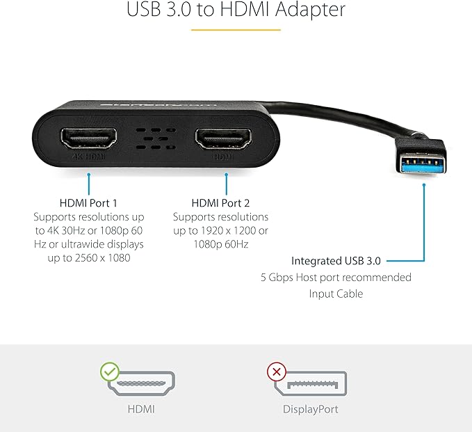 StarTech USB-A 3.0 to Dual HDMI Adapter for Windows, Dual Monitor USB to 2x HDMI Display Converter, 4K 30Hz + 1080p 60Hz, Extend or Mirror Multi-Screen Setup