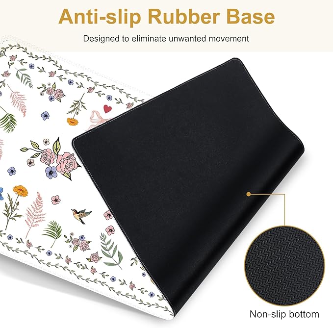 White Florals Mouse Pad, XXL Large Desk Mat Extended Nature Aesthetic Desk pad, 4 PCS Non-Slip Rubber Base Computer Big Mousepads for Work, Game, Office, Home Decor I Weeds Vintage Birds