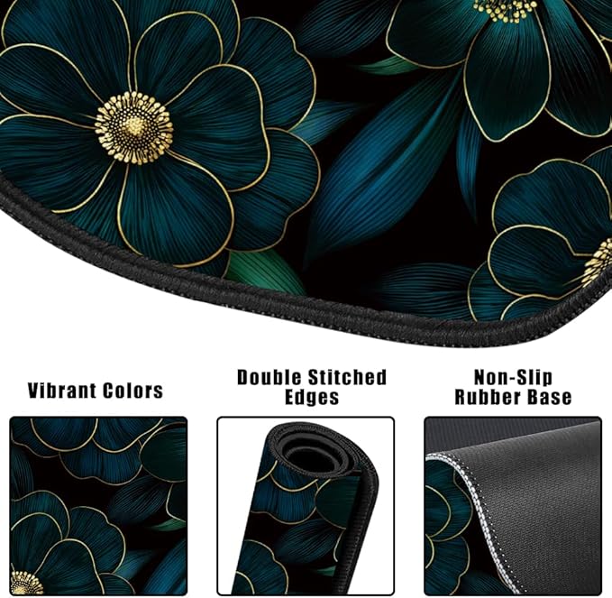 4 in 1 Large Keyboard Mouse Pad Set, Ergonomic Keyboard Wrist Rest Pad, Wrist Support Mousepad Set, Cup Coaster, Extended Desk Mat for Home Game Women Office Desk Decor (Linear Flowers)