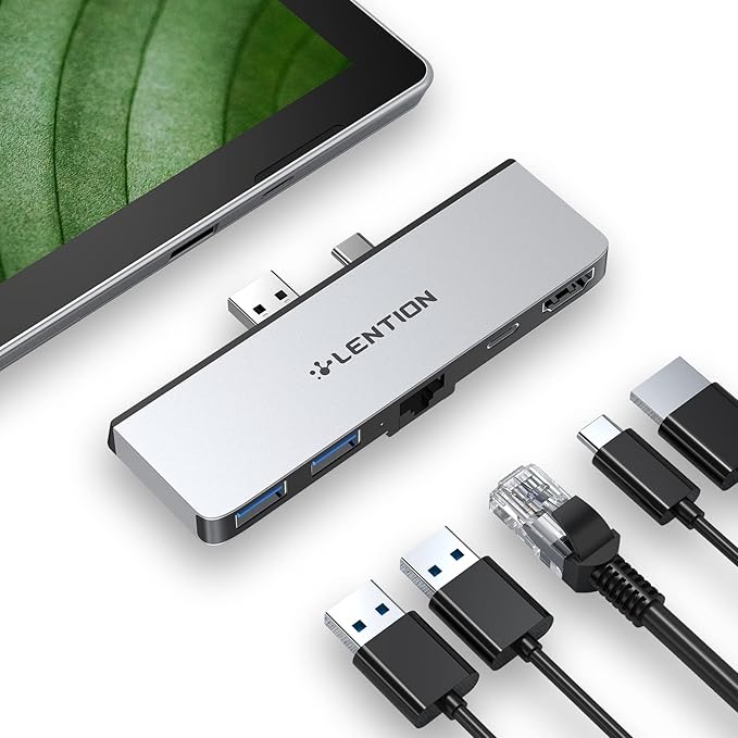 LENTION Surface Pro Dock, 5-in-1 Surface Pro 7 Hub, 4K@60Hz USBC to HDMI Hub, USB C to Gigabit Ethernet Hub, 2 x USB 3.0 Hub, PD 60W Type C Charging Port Hub(CS35, Silver)