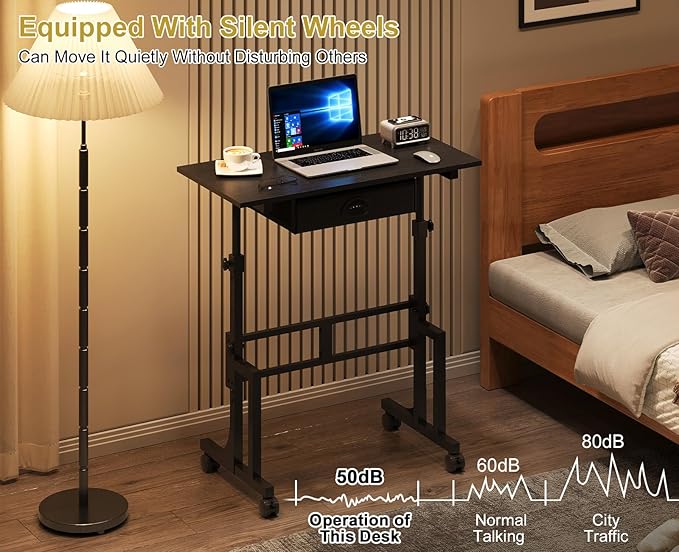 Adjustable Height Standing Desk With Drawer, Rolling Sit Stand Up Desk With Wheels, Small Sit To Stand Computer Desk, Adjustable Desktop Height, On Wheels, Black, For Walking Pad Laptop Treadmill