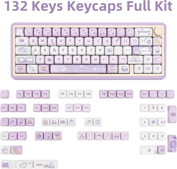 PBT Keycaps, MOA Profile Keycaps 132 Keys Dye Sublimation Purple Cute Cat Customized Keycap Set for ANSI Layout Cherry MX Switches Mechanical Keyboards