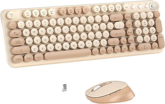 Wireless Keyboard and Mouse Combo, Full-Size Retro Typewriter Keyboard Style, 2.4GHz USB Receiver, Plug-and-Play, Keyboard Mouse Set for Computer, Laptop, Windows, Mac, and PC (Milk Tea)