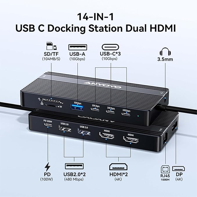 USB C Docking Station Dual Monitor, 14 in 1 Docking Station 3 Monitors with 2 * 4K HDMI, DP, 5*USB-A/C 10Gbps Ports, Ethernet, SD/TF,100W PD, Hub Multiport Adapter for HP/Dell/Lenovo