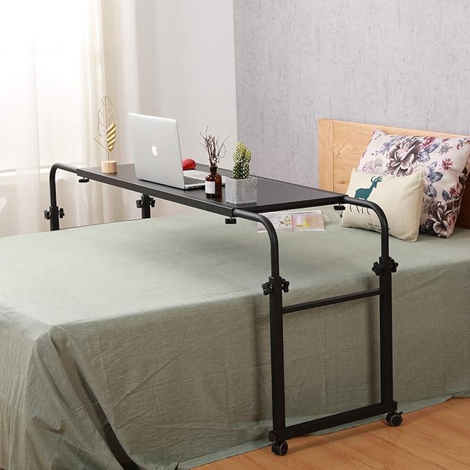 TigerDad Overbed Table with Wheels, 350lbs Capacity Heavy Duty Rolling Bed Desk for King Queen Bed, 55"-83" Adjustable Length & Height, Mobile Cross Bed Laptop Stand for 17 inch Computer, Black