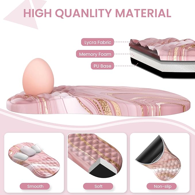 Pink Desk Mat, Desk Mat for Mouse, Computer Mats, Rose Gold Mouse Pad and Keyboard Wrist Rest, Memory Foam Wrist Rest for Mouse (Rose Gold Pink)