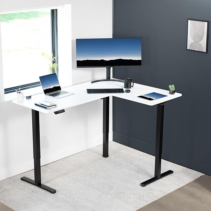 VIVO Corner Standing Desk, 63 x 47 inch Reversible L-Shaped Workstation, Electric Height Adjustment, Home, Office, and Reception Rooms, White Table Top Black Frame, DESK-E3CTBW-47