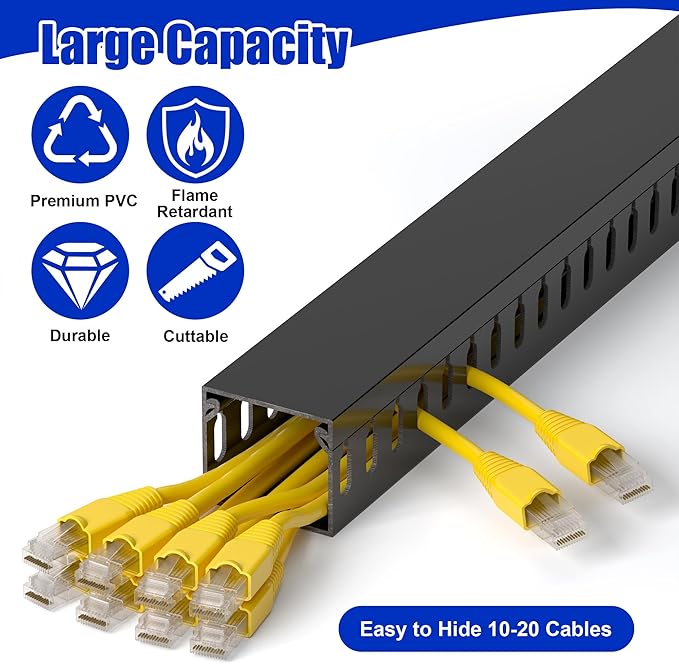 ZhiYo H1.4 W1.6 in Server Rack Cable Management Raceway, 99in (6X L16.5in) Cable Raceway Kit, Electrically Safe PVC Open Slot Wire Cord Hider for Under Desk/Computer/Network Cords, Black, H35 W40mm