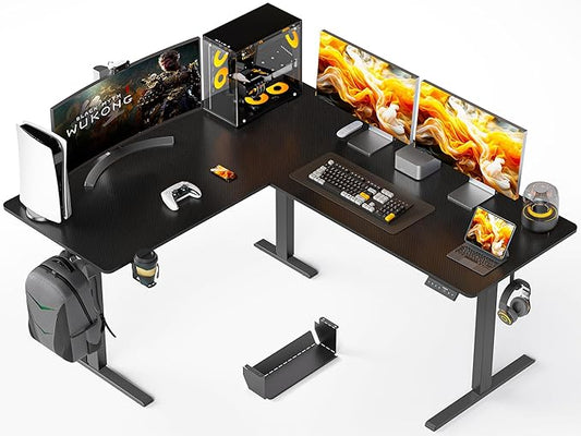 63x55 Inches Reversible L Shaped Standing Desk, Height Adjustable With Cup Holder, Electric Corner Computer Workstation, Sit Stand up Home Office, Ergonomic Gaming, Black