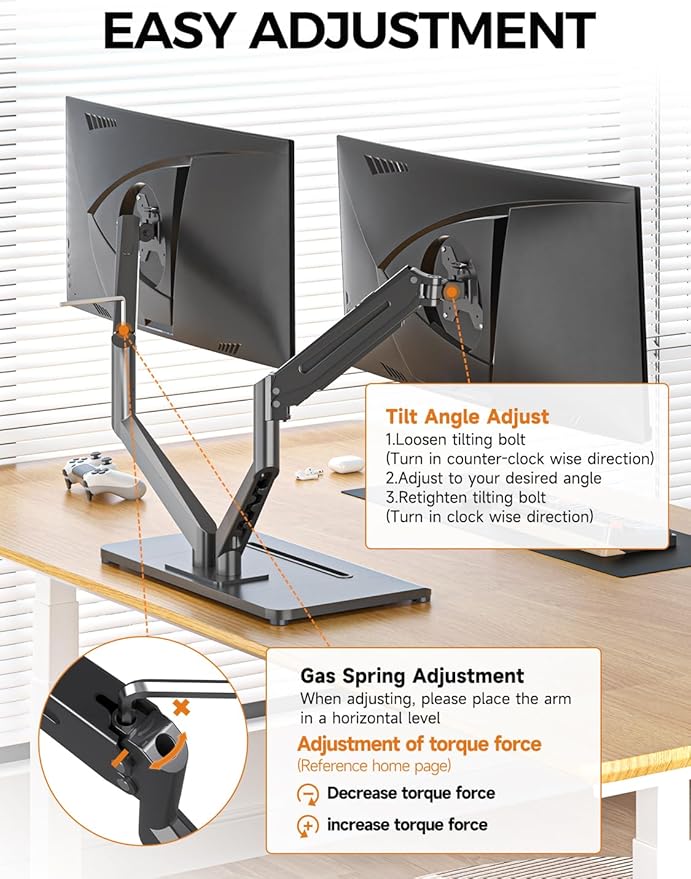 Bracwiser Dual Monitor Stand Free Standing Desk Mount, Premium Dual Monitor Arm Fits Two Screens up to 40 inch 26.45 lbs Fully Adjustable Arms with Heavy-Duty Wooden Base, Max VESA 100x100mm (MLXSPC)
