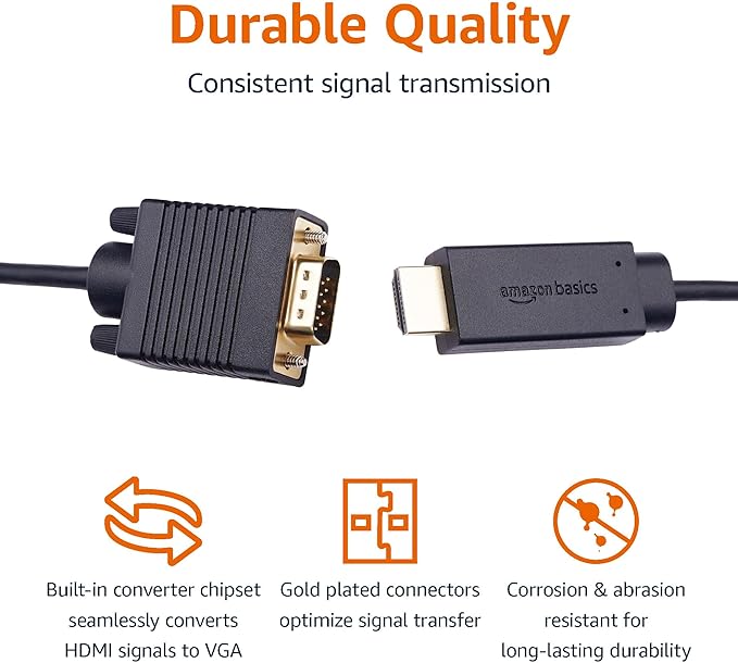 Amazon Basics HDMI to VGA Cable, 1080P, Gold-Plated, 6 feet, Black