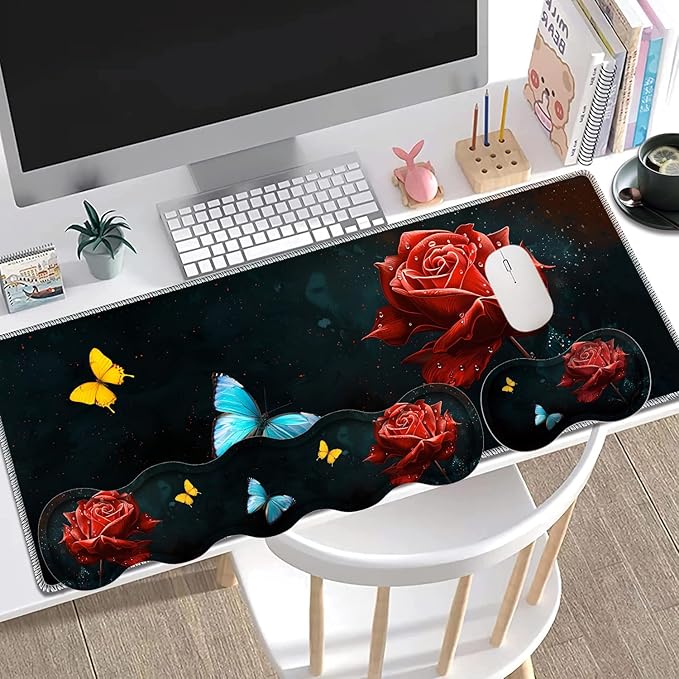 Large Gaming Mouse Pad + Keyboard Wrist Rest + Wrist Support + Coaster Set, Memory Foam Ergonomic for Easy Typing, XXL Extended Gaming Mouse Pad Table Pad - Starry Red Rose