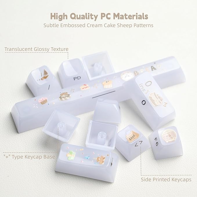Womier Keyboard Keycaps Jelly, White Ceramic Keycaps Style, Cake Sheep Key Cap Transparent Side Printing Custom 60 65 75 100 Percent for Cherry MX,Gateron Mechanical Keyboards,MDA Profile