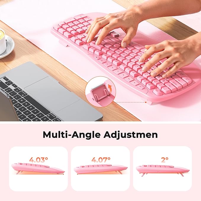 MEETION Wireless Ergonomic Keyboard, Wave Keys Wrist Rest Natural Typing Keyboard, 2.4G USB-A Cordless Receiver and USB-C Adapter, Ergo Computer Keyboard Compatible with Windows/Mac/Laptop/PC, Pink