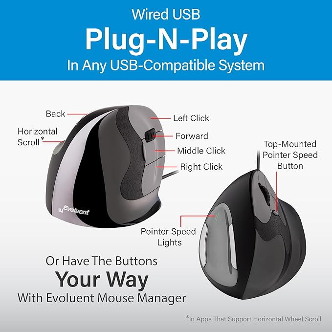 Evoluent – Inventor of The Vertical Mouse – VMDM Ergonomic Vertical Mouse Right Hand Medium Wired USB, Sculpted for Comfort, Reduces Wrist Strain, 4 Speeds, 6 Customizable Buttons in Windows
