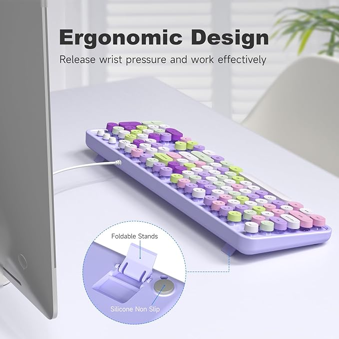 KNOWSQT Wired Computer Keyboard - Purple Colorful Retro Full Size Round Keycaps Plug and Play Typewriter Cute Keyboards for Windows, Laptop, PC, Desktop, Computer
