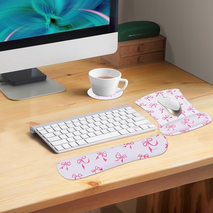 MOSISO Wrist Rest Support for Mouse Pad&Keyboard Set, Pink Bows Ergonomic Mousepad&Coaster Non-Slip Base Home/Office Pain Relief&Easy Typing Cushion with Neoprene Cloth&Raised Memory Foam, White